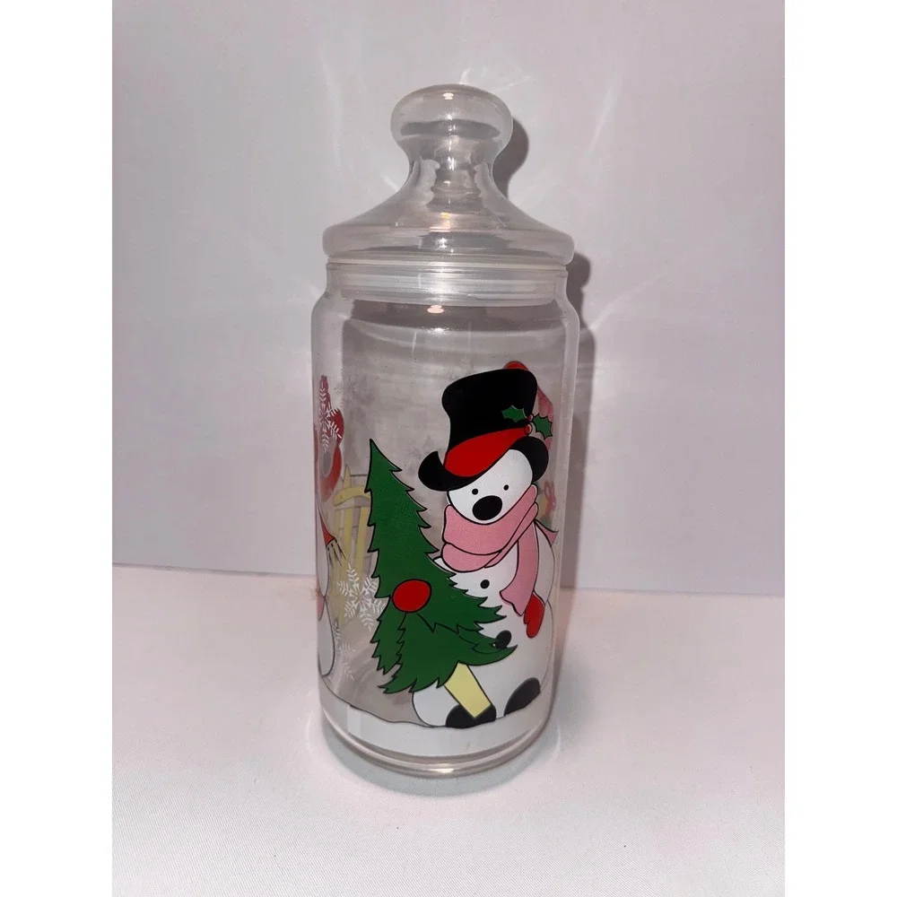 Vintage Luminarc France Christmas Glass Canister Snowman Holiday Storage Jar 9in